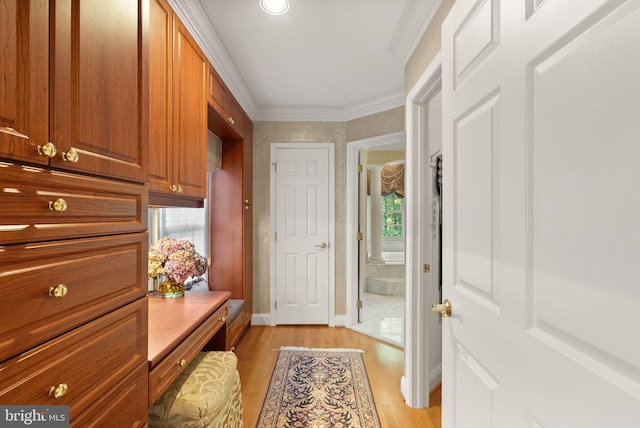 mudroom with crown molding and light hardwood / wood-style floors