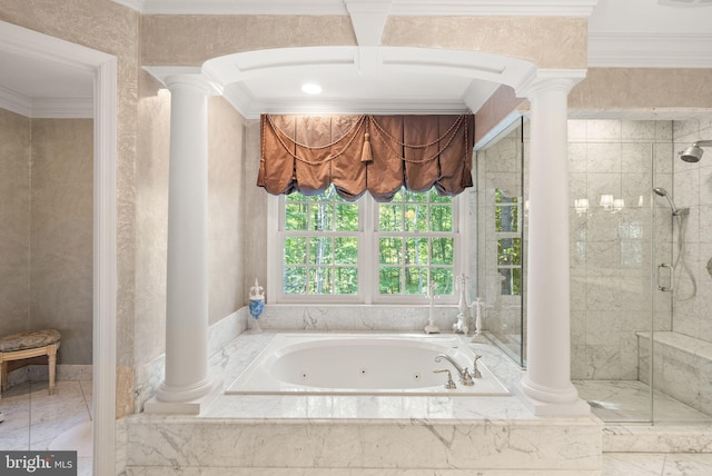 bathroom featuring crown molding, shower with separate bathtub, and ornate columns