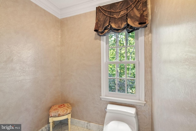 bathroom featuring crown molding and toilet