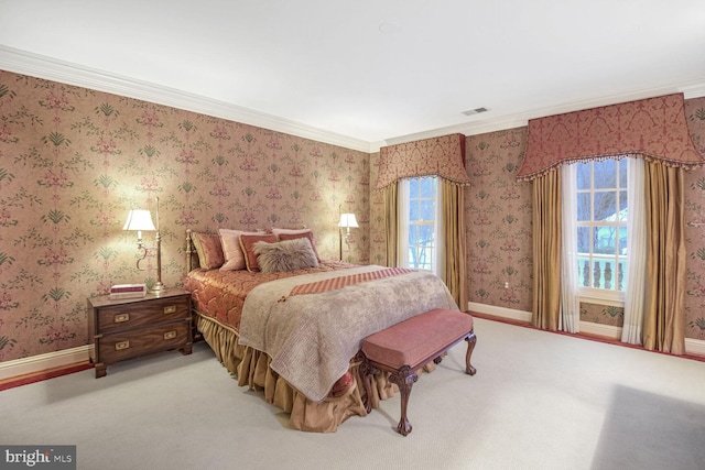 carpeted bedroom with multiple windows and crown molding