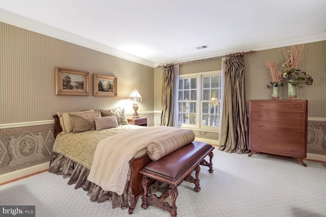 carpeted bedroom with crown molding