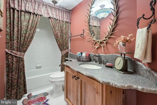 full bathroom featuring shower / bathtub combination with curtain, vanity, toilet, and tile patterned flooring