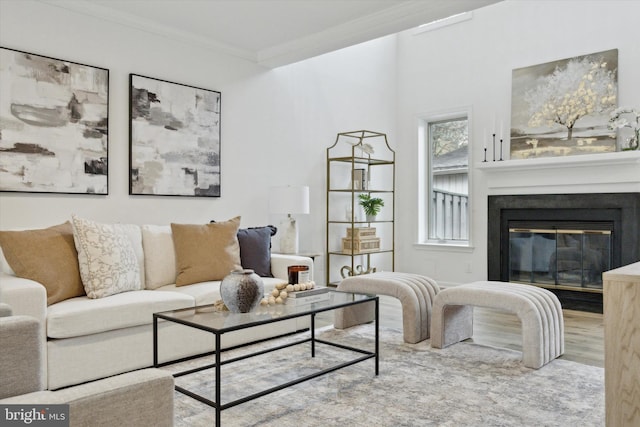 living room featuring ornamental molding and wood-type flooring