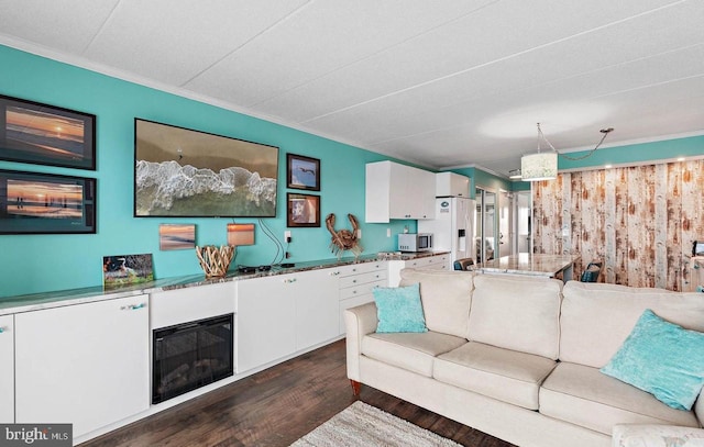 living room featuring crown molding and dark wood-type flooring