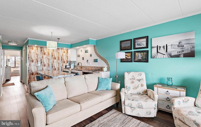 living room featuring hardwood / wood-style floors and sink