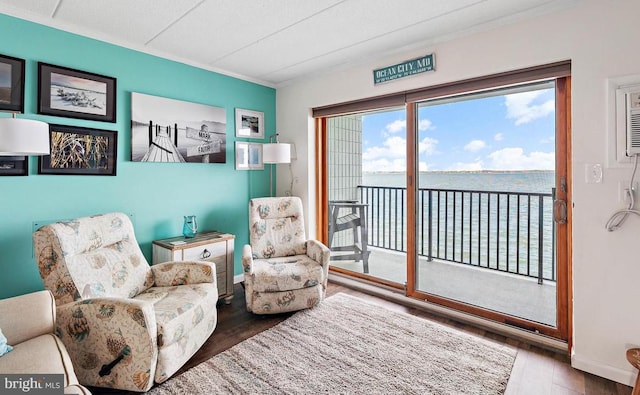 living area featuring hardwood / wood-style floors and a water view