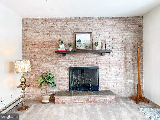 details with a brick fireplace and carpet