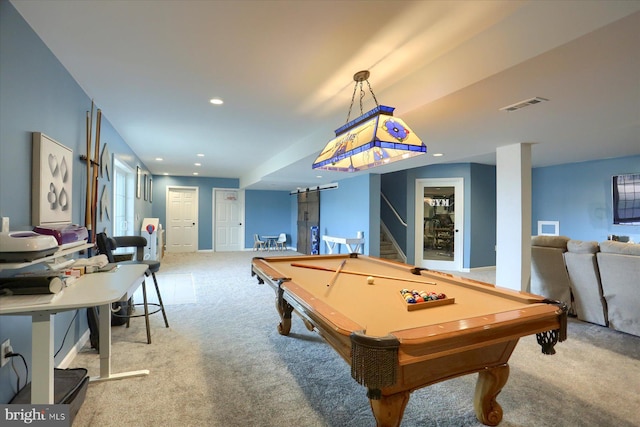 game room with pool table and light carpet