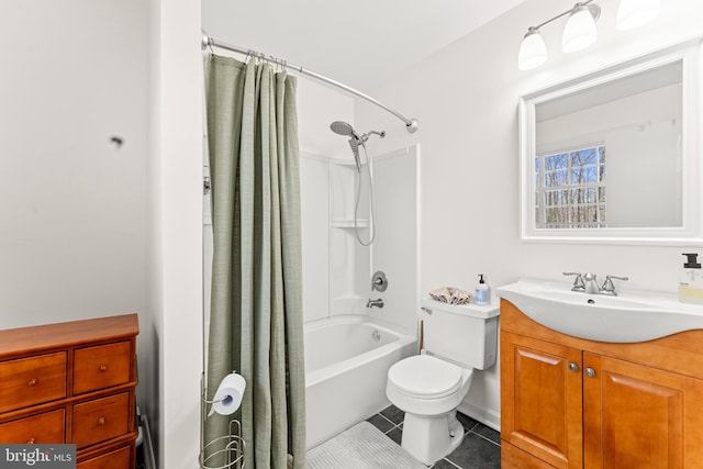 bathroom featuring tile patterned floors, toilet, shower / tub combo with curtain, and vanity