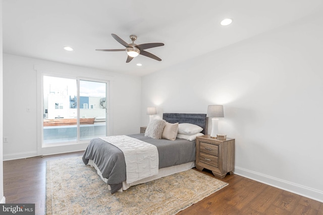 bedroom featuring dark wood-type flooring, ceiling fan, and access to exterior