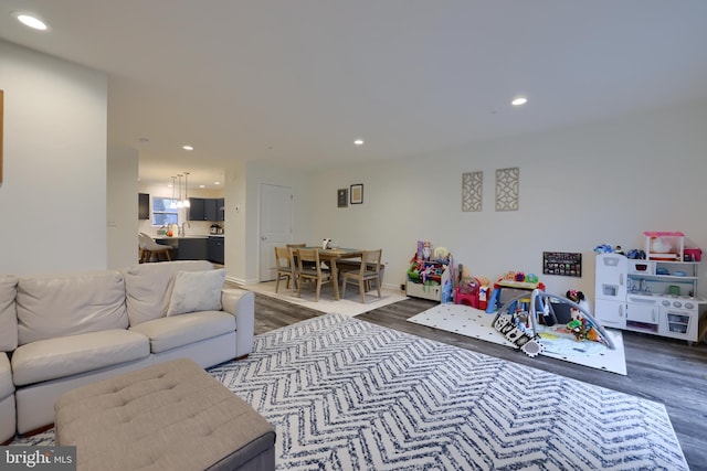 rec room featuring wood-type flooring and sink