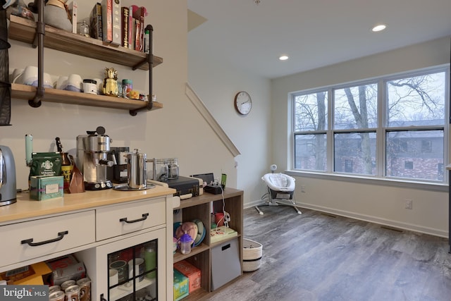 bar with white cabinetry and wood-type flooring