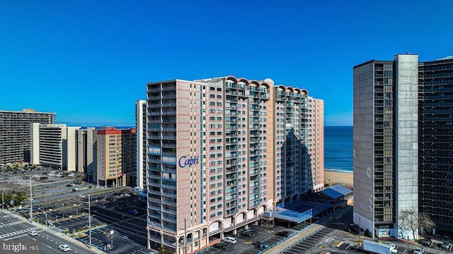 view of building exterior with a water view