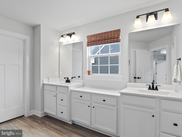 bathroom with wood-type flooring and vanity