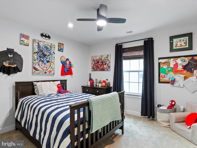 bedroom featuring ceiling fan and carpet flooring