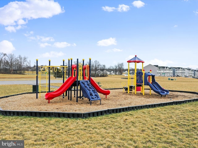 view of play area with a yard