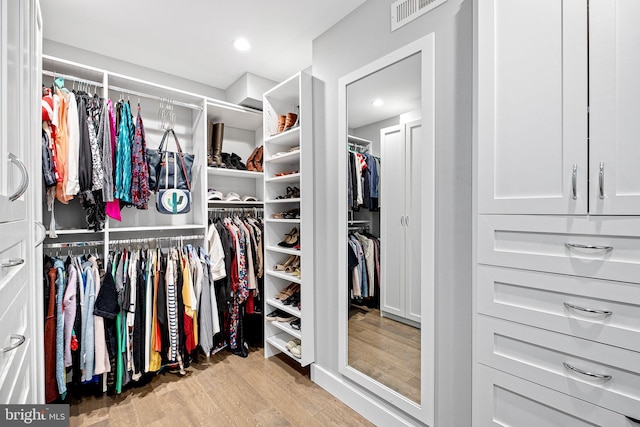 spacious closet with light hardwood / wood-style flooring