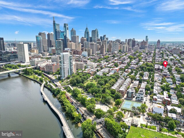 property's view of city featuring a water view