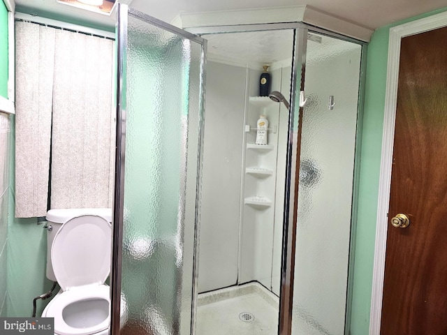 bathroom featuring walk in shower and toilet