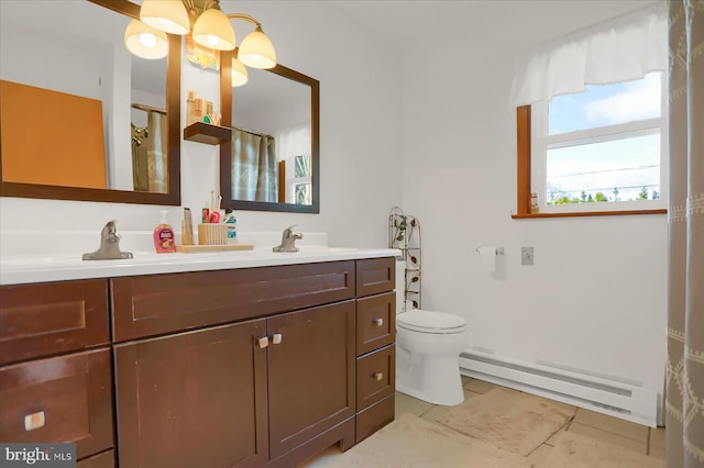 bathroom with a baseboard radiator, vanity, toilet, and a shower with shower curtain