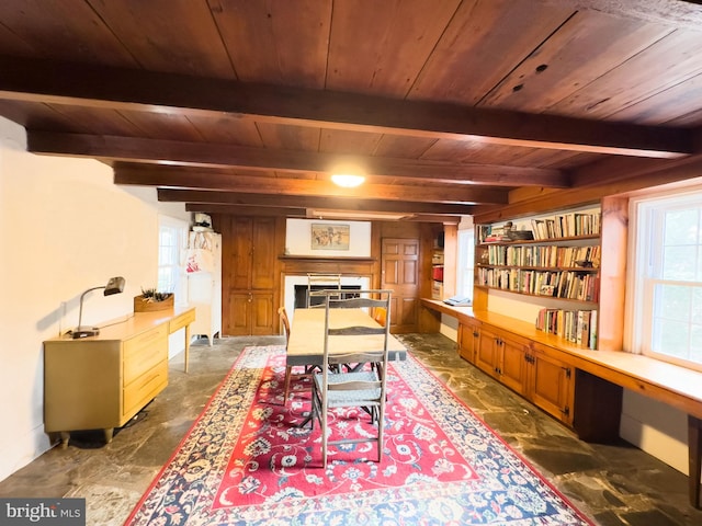 interior space featuring beam ceiling and wooden ceiling