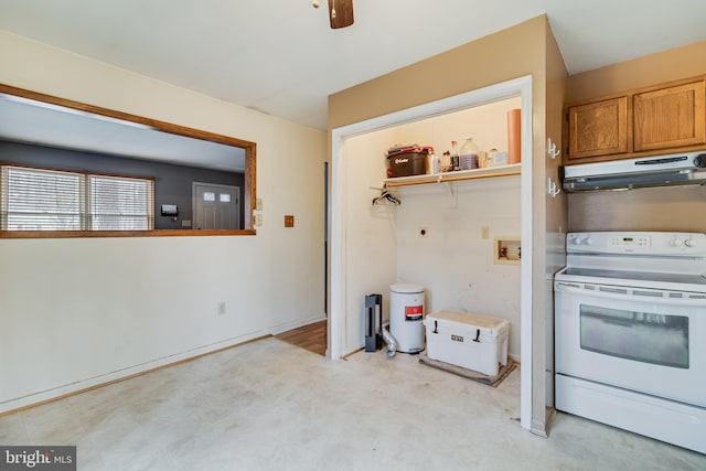 kitchen with electric stove and ceiling fan