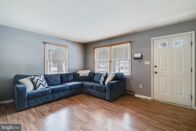 living room featuring a healthy amount of sunlight, hardwood / wood-style floors, and baseboard heating