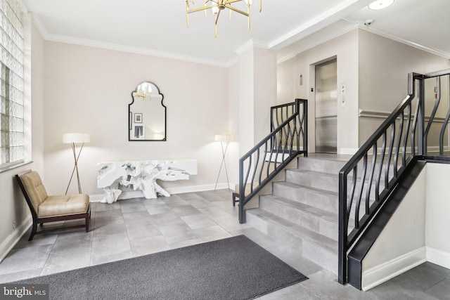 staircase with tile patterned flooring, crown molding, elevator, and a chandelier