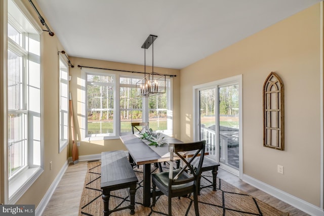 dining space with an inviting chandelier and light hardwood / wood-style flooring