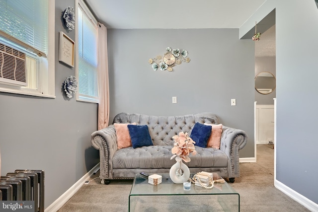 living room with light carpet and radiator