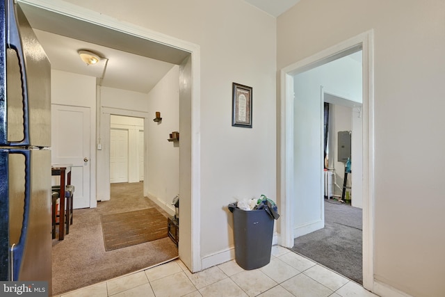 hall featuring electric panel and light carpet