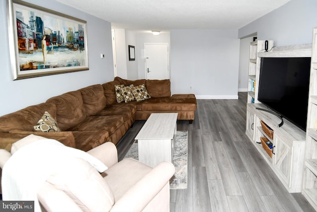 living room featuring a textured ceiling and light hardwood / wood-style flooring