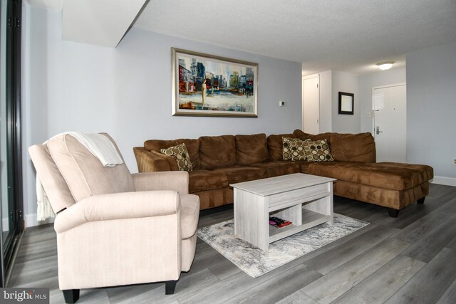 living room with dark hardwood / wood-style floors and a textured ceiling