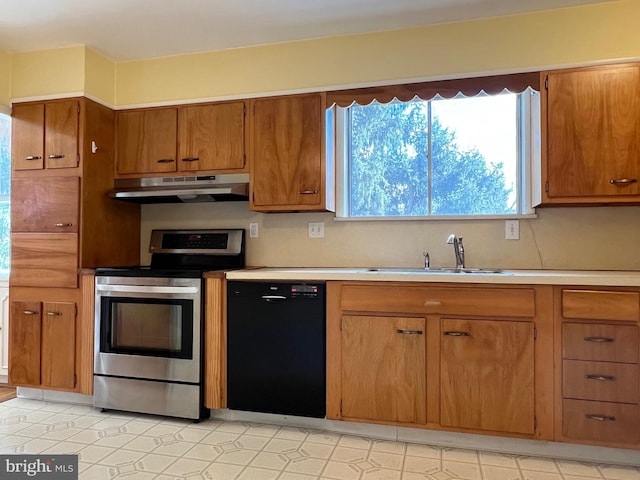 kitchen featuring electric range, dishwasher, brown cabinets, light countertops, and under cabinet range hood