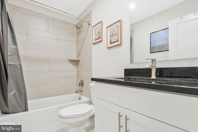 full bathroom with vanity, shower / bathtub combination with curtain, and toilet