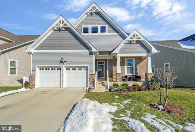 craftsman-style home with a front yard, covered porch, and cooling unit