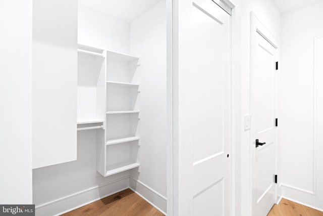 walk in closet with hardwood / wood-style floors