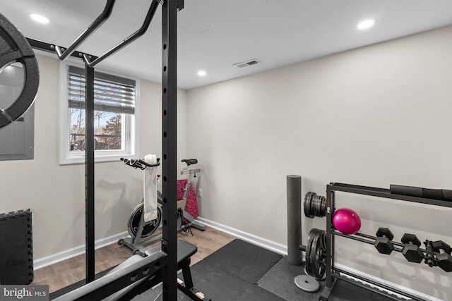 exercise room featuring wood-type flooring