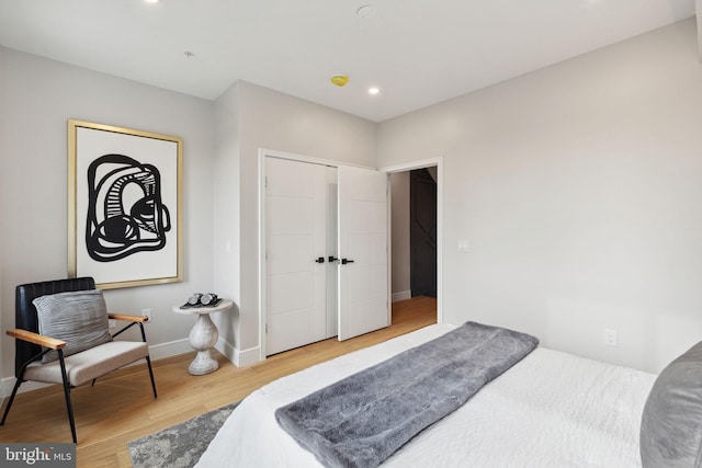 bedroom featuring wood-type flooring and a closet