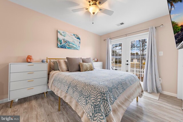 bedroom featuring french doors, ceiling fan, access to exterior, and light wood-type flooring