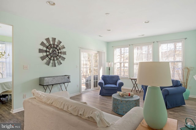 living area featuring a healthy amount of sunlight and wood finished floors