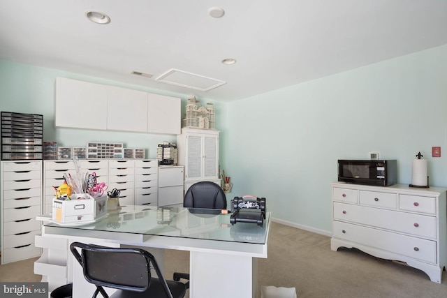 office area with recessed lighting, light colored carpet, visible vents, baseboards, and attic access