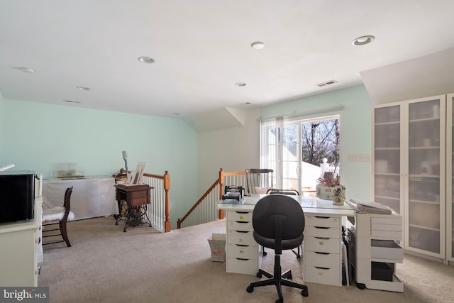 office featuring carpet floors, recessed lighting, and visible vents