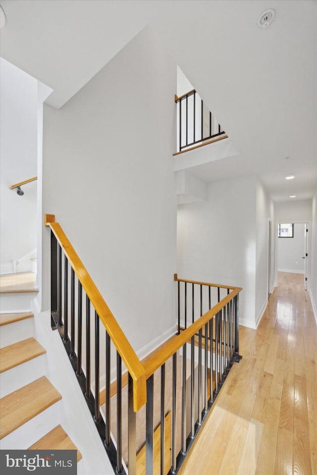 staircase with hardwood / wood-style flooring