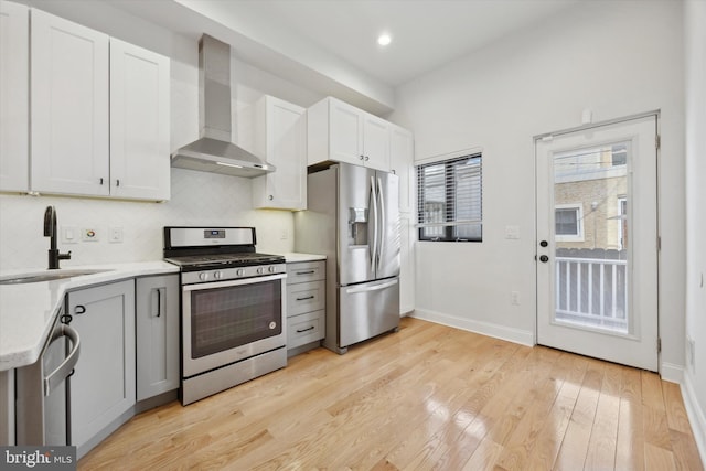 kitchen featuring appliances with stainless steel finishes, white cabinets, wall chimney range hood, decorative backsplash, and sink