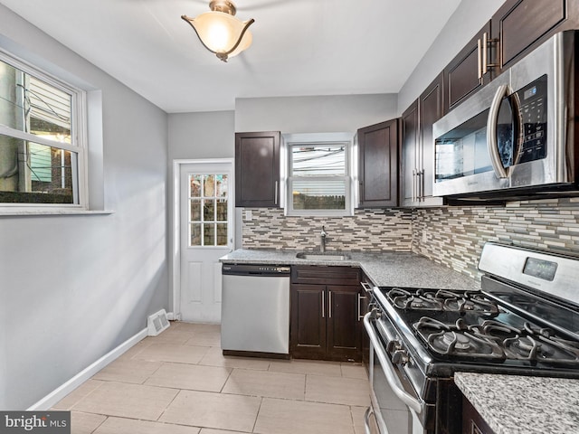 kitchen featuring tasteful backsplash, sink, dark brown cabinetry, and appliances with stainless steel finishes