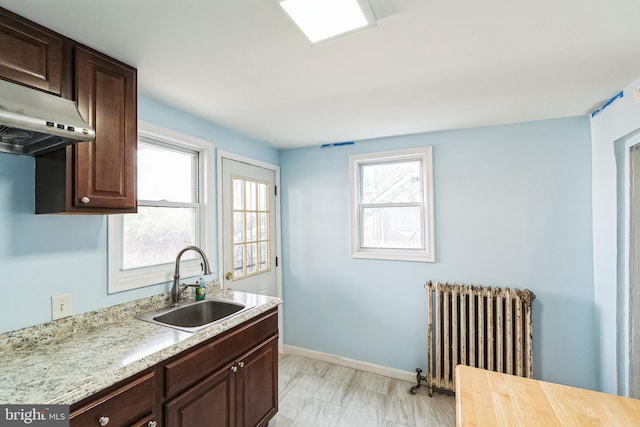 kitchen with dark brown cabinets, radiator, and sink