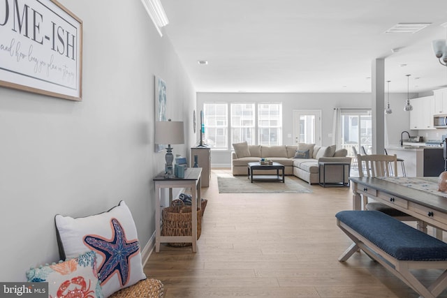 living room with light wood-type flooring and sink