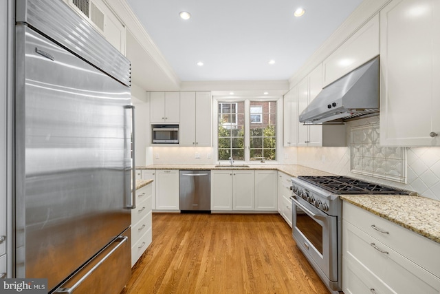 kitchen featuring high quality appliances, white cabinetry, light hardwood / wood-style floors, and decorative backsplash