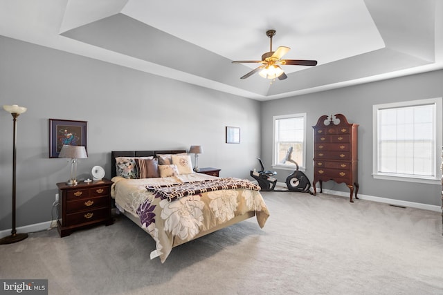 bedroom with a raised ceiling, ceiling fan, and carpet